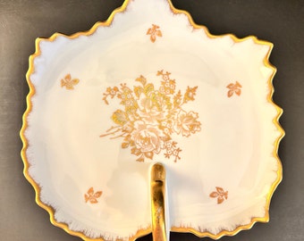Vintage Royal Limoge France Scalloped Gold Leaf on White Porcelain Grape Leaf with handle