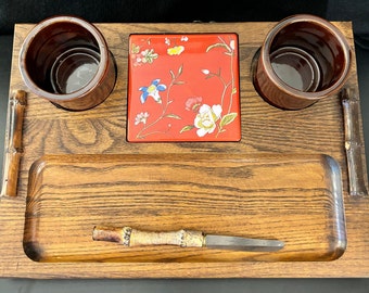 Japanese style charcuterie board, wooden tray with bamboo handles, floral metal decorative square plate, cheese knife set