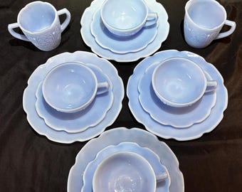 Vintage Cherry Blossom Depression Glass Tea Set, Delphine Blue, 17-Piece