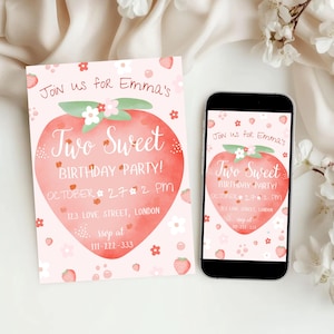 Editable Two Sweet Birthday Invitation 2nd Birthday Invitation Second Birthday Strawberry Birthday Invite Digital Download Invitation Girl