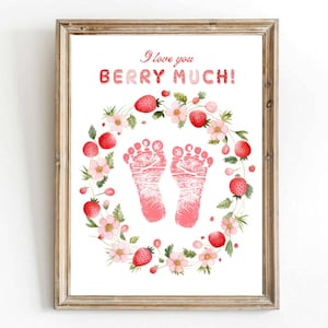 Wydrukowany odcisk dłoni truskawki - I Love You Berry Much Footprint Craft Dzień Matki DIY Baby, prezent urodzinowy od Baby Print