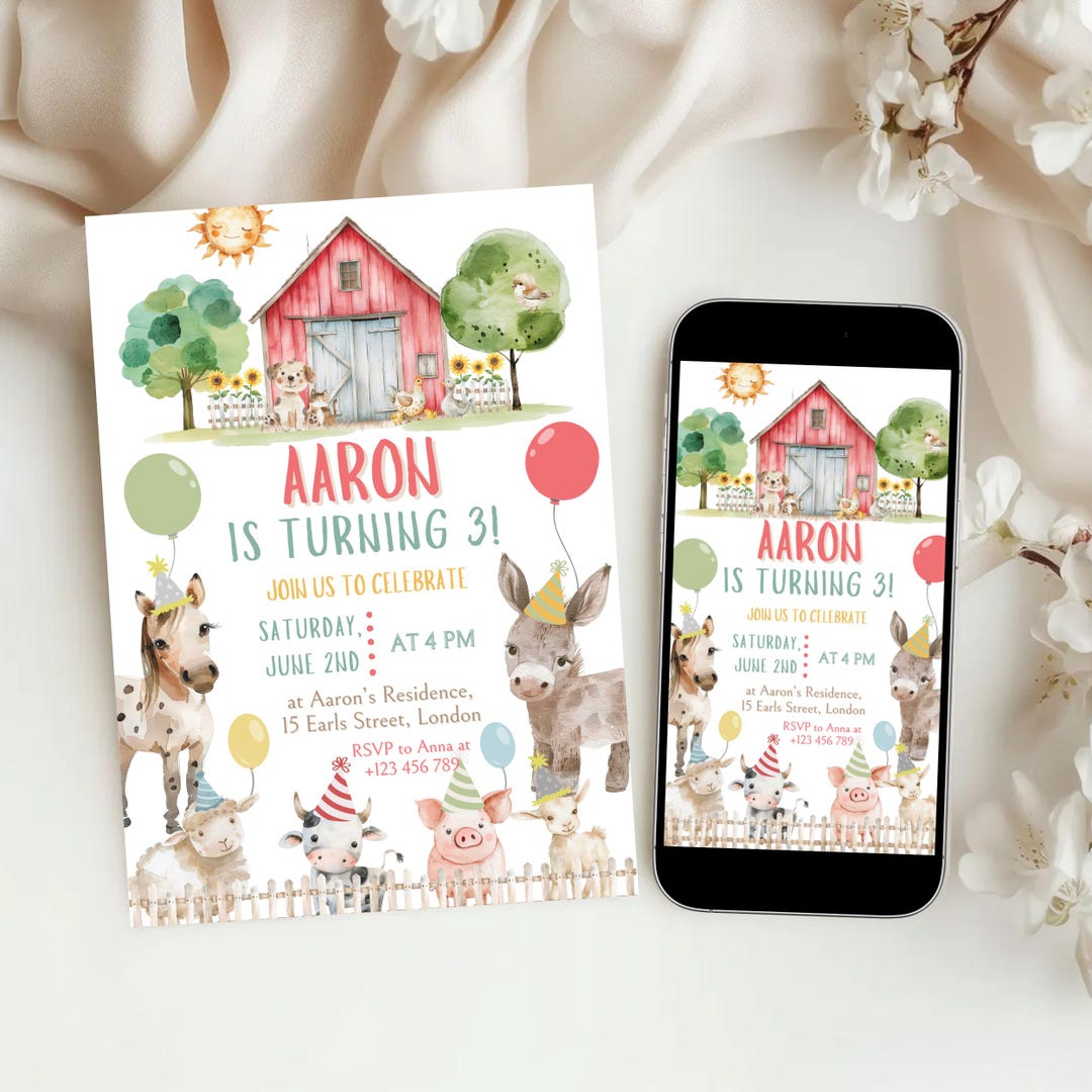 Editable Farm Animals Birthday Invitation, Boy Barnyard Party (digital ...