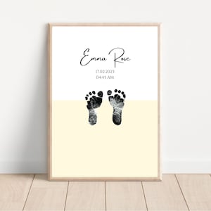 Personalized Minimalistic Pastel Baby Footprint Kit, Keepsake Printable Print, Neutral Yellow New Baby Gift