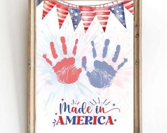 4 juli handafdruk kunst afdrukbare, gemaakt in Amerika baby aandenken, Independence Day voetafdruk ambachtelijke, peuter DIY digitale download cadeau
