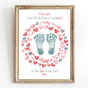 Afdrukbaar 2025 My First Valentine, voetafdruk hart liefde, Happy Valentine's Dad, DIY Craft Card Art, baby peuter, aandenken print