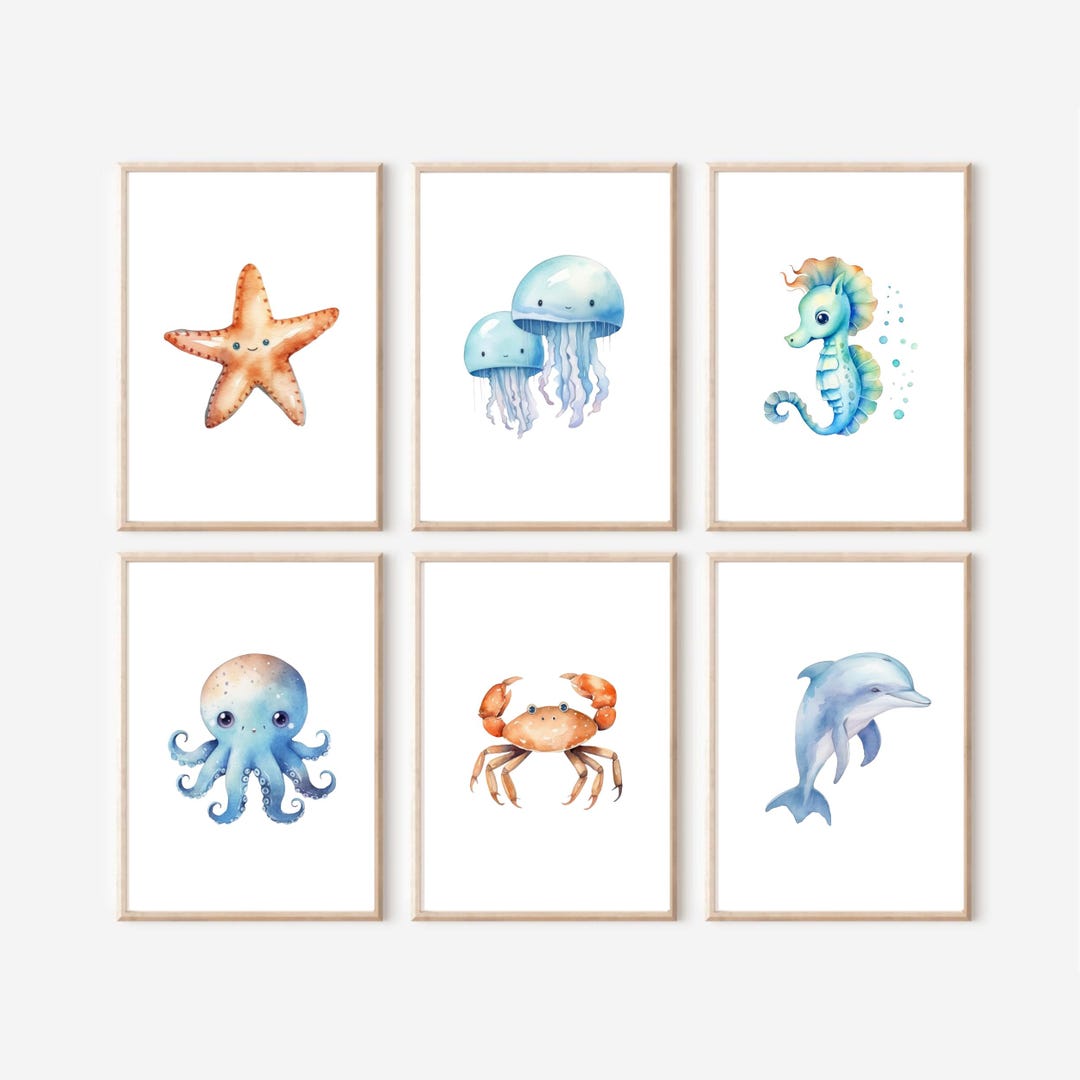 Ocean Animal Nursery Prints Set of 6, Sea Themed Nursery Wall Art ...