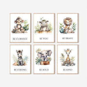 Safari Animals with Inspirational Quotes, Set of 6 Nursery Prints, Be Brave Wall Art, Be Kind Be Strong Be You, Monkey Lion