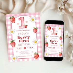 Berry 1st birthday invitation, berry first birthday, strawberry digital invite, Berry Mobile Invite, Birthday Invitation, Canva Editable
