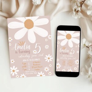 Daisy Birthday Invitation: Retro Groovy Floral, Editable Canva Template (Digital Download)