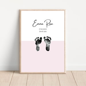 Kit personalizado de huella de bebé en colores pastel minimalista con detalles de nacimiento: impresión de recuerdo imprimible, regalo de bebé recién nacido en color rosa