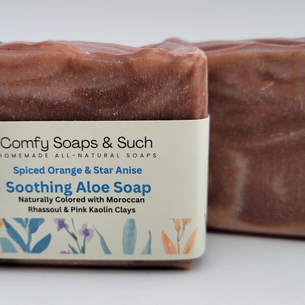 2 Bars Soothing Aloe Soap with Rhassoul and Pink Kaolin Clays - Handmade All-Natural - Sweet Orange, Star Anise, and Cinnamon Essential Oils