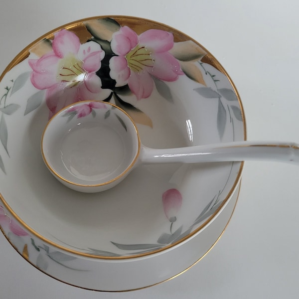 Vintage Noritake 3-Pc Pink Azalea Mayo, Whipped Cream Serving Bowl, Plate, Ladle - Japan 19322 Red Mark Hand Painted White With Gold Trim