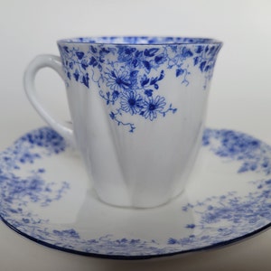Vintage Shelly Dainty Blue Fine White Bone China 3 OZ Demitasse / Expresso Cup & 4.75 in. Round Saucer with Delicate Blue Flowers