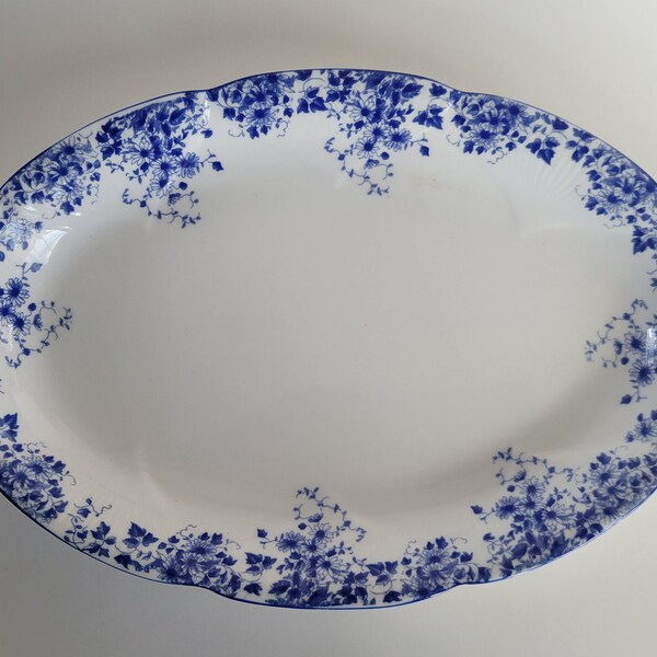 Vintage Royal Albert Dainty Blue White Bone China England 10.5 x 6.25 in. Candy, Pastry, Cookie, or Serving Dish with Scalloped Handles