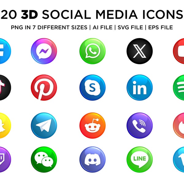 Modern 3D social media icons set | SVG | PNG | Vector files | Social Network Icons | Commercial use | Printable Svg File | Instant download