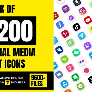 May include: A collection of 1200 social media flat icons in various formats, including AI, SVG, EPS, and PNG. The icons are displayed on a white background, with a yellow background on the left side of the image. The image includes the text "PACK OF 1200 SOCIAL MEDIA FLAT ICONS".