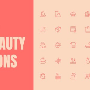 May include: A set of 25 line art icons depicting beauty and spa related items. The icons are in a pink color and are arranged in a grid on a light pink background. The icons include a water drop, a lotion bottle, a lotus flower, a jar of cream, a nail polish bottle, a glass of water, a swimming pool, a footprint, a stack of towels, a scale, a woman's body, a diffuser, a teapot, a towel hanging on a hook, a bathtub, a basket, a stack of stones, a bamboo plant, a candle, a bottle of oil, a bowl, a stopwatch, a box with a star, a bottle of soap, a pair of scissors, a comb, and a hairdryer.