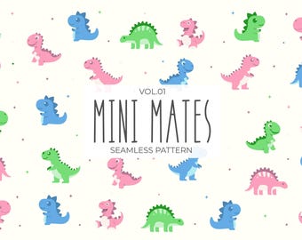 Mini Mates Cute Dinosaurs Pattern, bezszwowe wzory tła dinozaury przedszkole, wzór dla dzieci