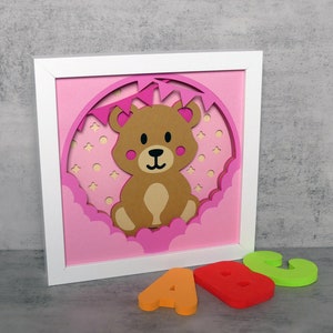 Pode incluir: Uma imagem enquadrada em branco com um fundo rosa e um urso de peluche castanho com bochechas cor-de-rosa e um laço rosa. O urso de peluche está sentado numa nuvem com estrelas cor-de-rosa e bandeiras cor-de-rosa.