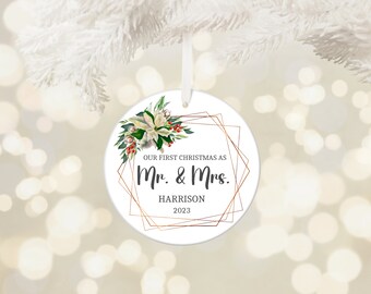 Our First Christmas as Mr. & Mrs. Ornament - Customized Newlywed Keepsake, Personalized Names, Year - Ceramic Holiday Decor - Christmas Gift