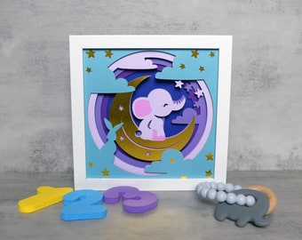 Whimsical Night Sky 3D Shadow Box - "Sweet Dreams" with Sleeping Elephant on Moon by Alastar Craft Studio