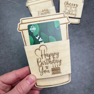 Portatarjetas de regalo de madera - Diseño de taza de café Starbucks - Regalo de cumpleaños - Portatarjetas de café - Regalo para ella - Regalo para él - Portamonedas