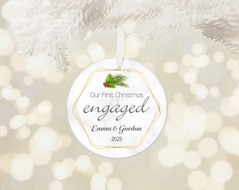 Our First Christmas Engaged Ornament - Custom Engagement Keepsake - Personalized Names & Year - 3" Ceramic Holiday Decor - Christmas gift