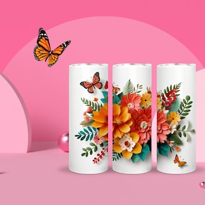 Pode incluir: Três copos cilíndricos brancos com desenhos florais em laranja, amarelo, vermelho e verde. Borboletas em laranja e preto também são apresentadas. O fundo é um design rosa abstrato.