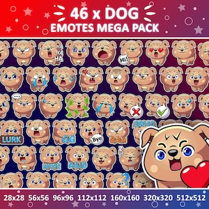 Emotki psa x 46 dla emotek Twitch i Discord oraz emotek Whatsapp | Uroczy pakiet emoji Twitch dla szczeniaka Chibi | Pakiet emotek Twitch