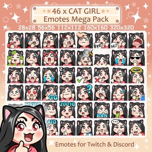 かわいい猫娘のエモート x 46 | 黒髪、赤目、明るい肌、青白い肌 | Twitch および Discord エモート用、かわいいちび猫娘エモート パック