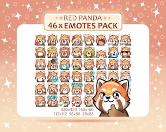 Pacote com 46 emotes de panda-vermelho, emotes para Twitch, emotes para Discord, pacote de emotes em PNG, pronto para usar.