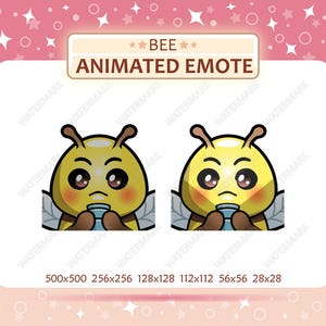 May include: Animated bee emote with a sad expression, holding a small cup. The bee is yellow with brown antennae and blush. The text "BEE ANIMATED EMOTE" is displayed above the bee.