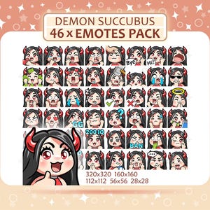 Paquete de 46 gestos de súcubo demonio, cabello negro, ojos rojos, piel clara, gestos de Twitch, gestos de Discord, paquete de gestos PNG, listo para usar.