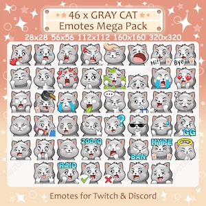 Gray Cat Emotes x 46 for Twitch & Discord Emote / Grey Cat Twitch Emote Pack, Discord Emote Pack, Gray Cat Emotes Bundle Mega Pack