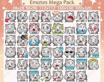 Gray Cat Emotes x 46 for Twitch & Discord Emote / Grey Cat Twitch Emote Pack, Discord Emote Pack, Gray Cat Emotes Bundle Mega Pack