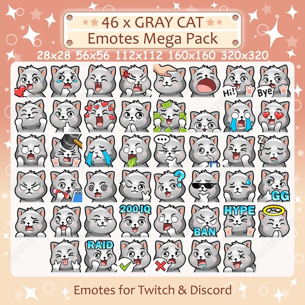 Gray Cat Emotes x 46 for Twitch & Discord Emote / Grey Cat Twitch Emote Pack, Discord Emote Pack, Gray Cat Emotes Bundle Mega Pack