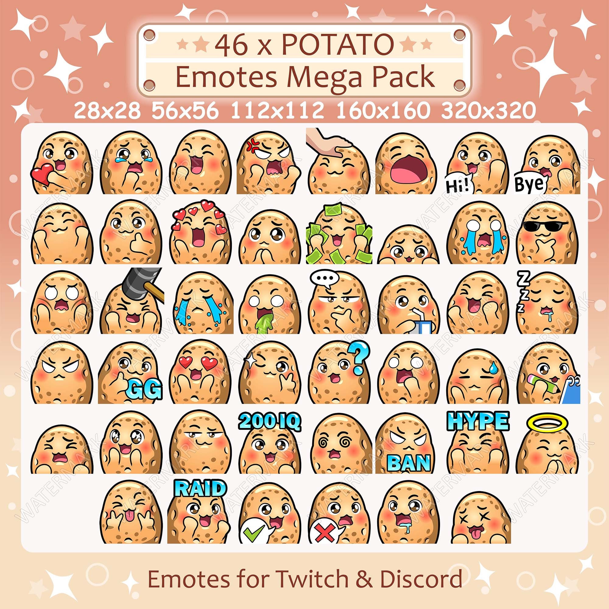Potato Emotes x 46 for Twitch and Discord Emote | Potato Twitch Emote Pack, Discord Emote Pack, Potato Emotes Bundle Mega Pack
