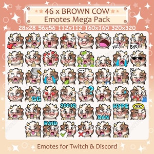 Brown Cow Emotes x 46 for Twitch & Discord Emote | Brown Cow Twitch Emote Pack, Discord Emote Pack, Cow Emotes Bundle Mega Pack