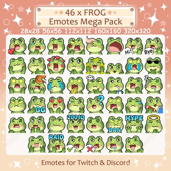 Cute Frog Emotes x 46 for Twitch & Discord Emote | Green Frog Twitch Emote Pack, Discord Emote Pack, Toad Emotes Bundle Mega Pack