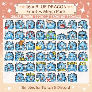 Blue Dragon Emotes x 46 for Twitch & Discord Emote | Blue Dragon Twitch Emote Pack, Discord Emote Pack, Dragon Emotes Bundle Mega Pack