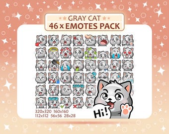 46 grijze kat-emotespakket, Twitch-emotes, Discord-emotes, png-emotespakket, klaar voor gebruik