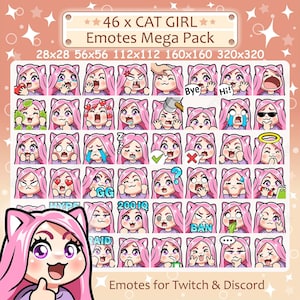 かわいい猫娘のエモート x 46 | ピンクの髪、紫の目、明るい肌、青白い肌 | Twitch および Discord エモート用、かわいいちび猫娘エモート パック