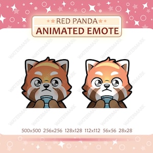 May include: Two animated emotes of a red panda holding a cup, with a sad expression. The emotes are in shades of brown, white, and black. The text "RED PANDA ANIMATED EMOTE" is at the top. Various sizes are listed below the images.