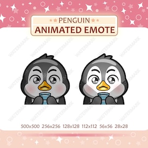 May include: Animated penguin emote with a gray and black design, holding a blue cup. The image includes the text "PENGUIN ANIMATED EMOTE" and various size dimensions, set against a pink background with stars.