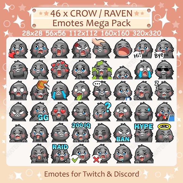 Crow / Raven Emotes x 46 for Twitch and Discord Emote | Black Crow Twitch Emote Pack, Discord Emote Pack, Bird Emotes Bundle Mega Pack