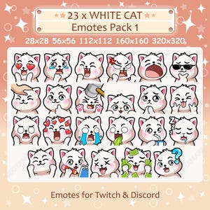 White Cat Emotes x 23 Pack 1 for Twitch & Discord Emote / White Cat Twitch Emote Pack and Discord Emote Pack, White Cat Emoji Bundle Pack
