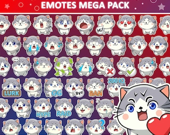 46 grijze kat-emotespakket, Twitch-emotes, Discord-emotes, png-emotespakket, klaar voor gebruik