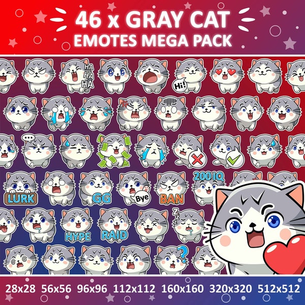 Gray Cat Emotes x 46 for Twitch & Discord Emote and Whatsapp Emote / Cute Chibi Gray Cat Twitch Emoji Emote Pack / Discord Emote Bundle