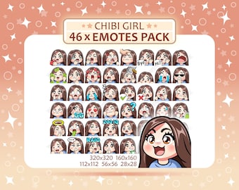 Pacote com 46 emotes de garota chibi, cabelo castanho, olhos castanhos, pele clara, morena, emotes para Twitch, emotes para Discord, pacote de emotes em PNG, pronto para usar.