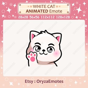 Animated Emote White Cat Waving Hello Emote / Twitch & Discord Emote / Hi Emote / Cute Kawaii Chibi White Cat Emoji / Emote for Streaming